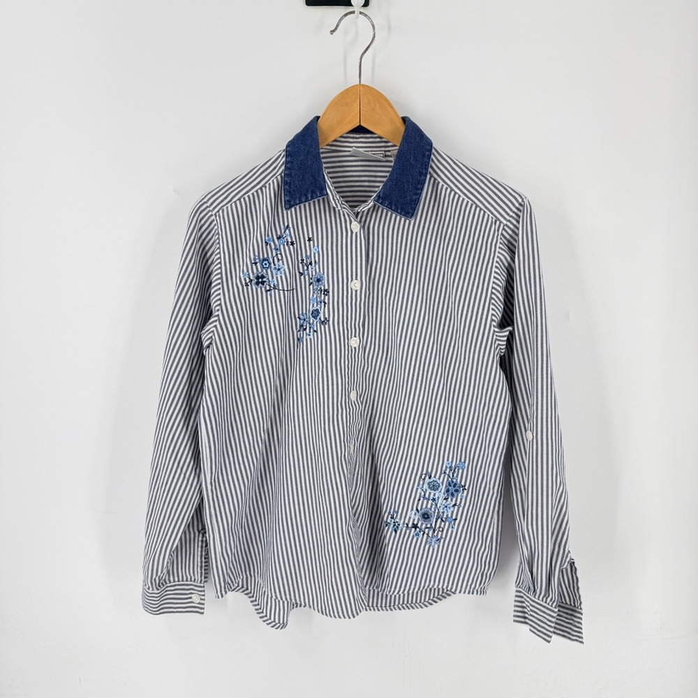 Vintage Denim Collar‎ Striped Embroidered Button Down Shirt Blue Size PS Coastal